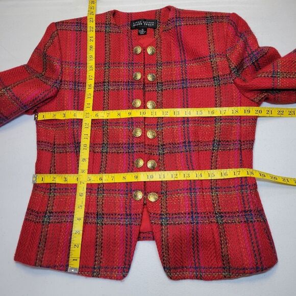 Ellen Tracy Red Plaid Blazer Double Breasted Gold Buttons Skirt Suit Set Tweed - Picture 13 of 16